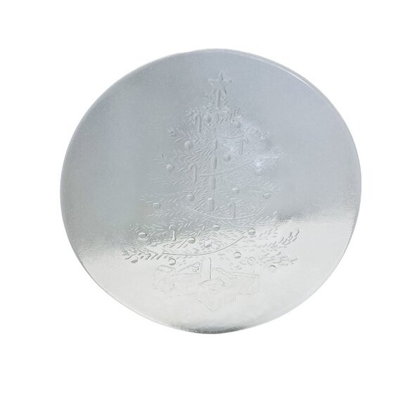 Clear Glass Embossed Christmas Tree Round Holiday Serving Platter 13 Inch Plate - Picture 5 of 5